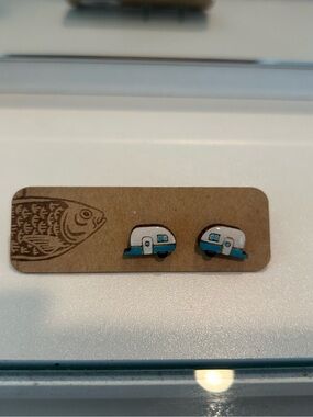 White and Teal Camper Trailer Stud Earrings